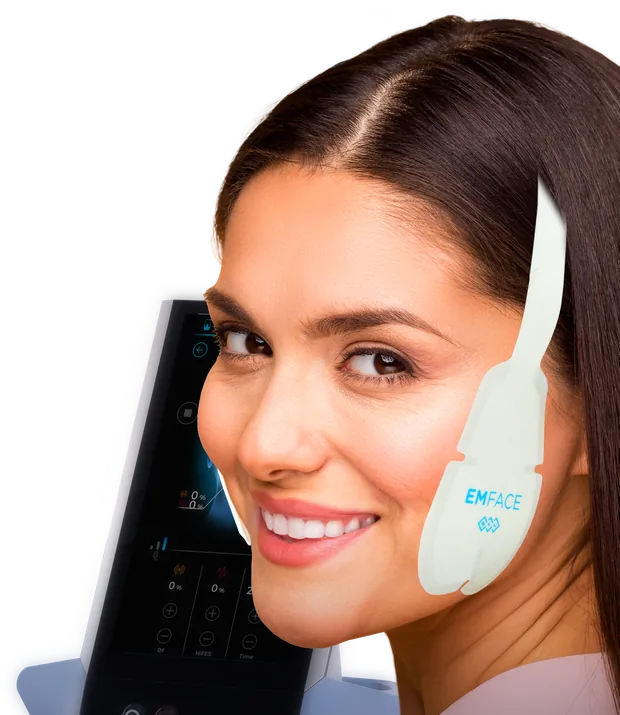 A model wearing an Emface applicator over the jaw joint area, in front of the ear, beside the Emface unit.