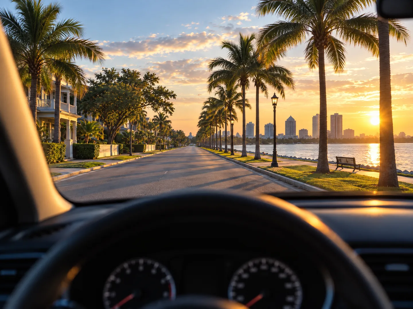 The view from a driver's seat at sunrise along a palm-lined bayside road, with the city skyline across the water